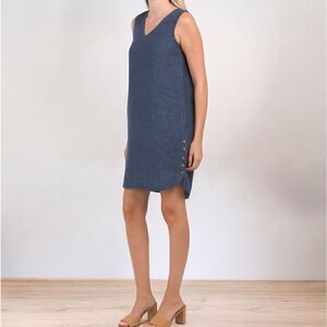 Tahari Womens Dress Shift Blue Linen Buttons Sleeveless XS V-Neck Summer Travel